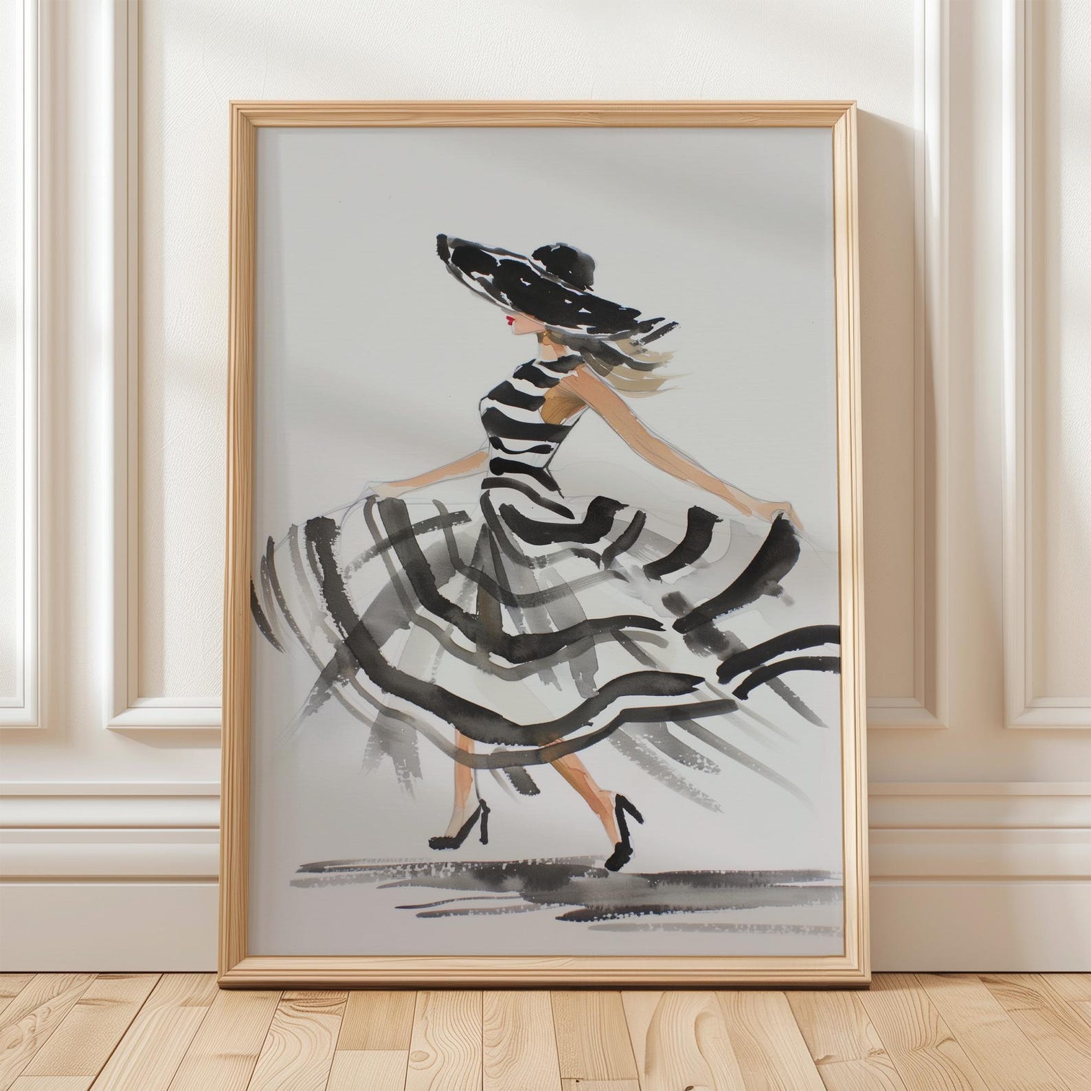 Elegant Fashion Illustration Black and White Striped Dress Modern Woman ...