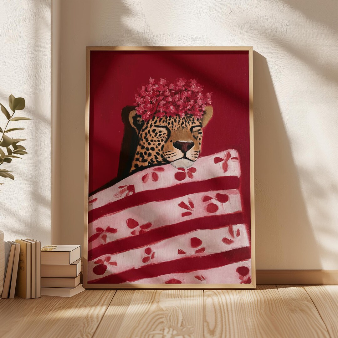 Leopard Wall Art Print, Cheetah Flower Crown Red Poster, Bold Animal ...