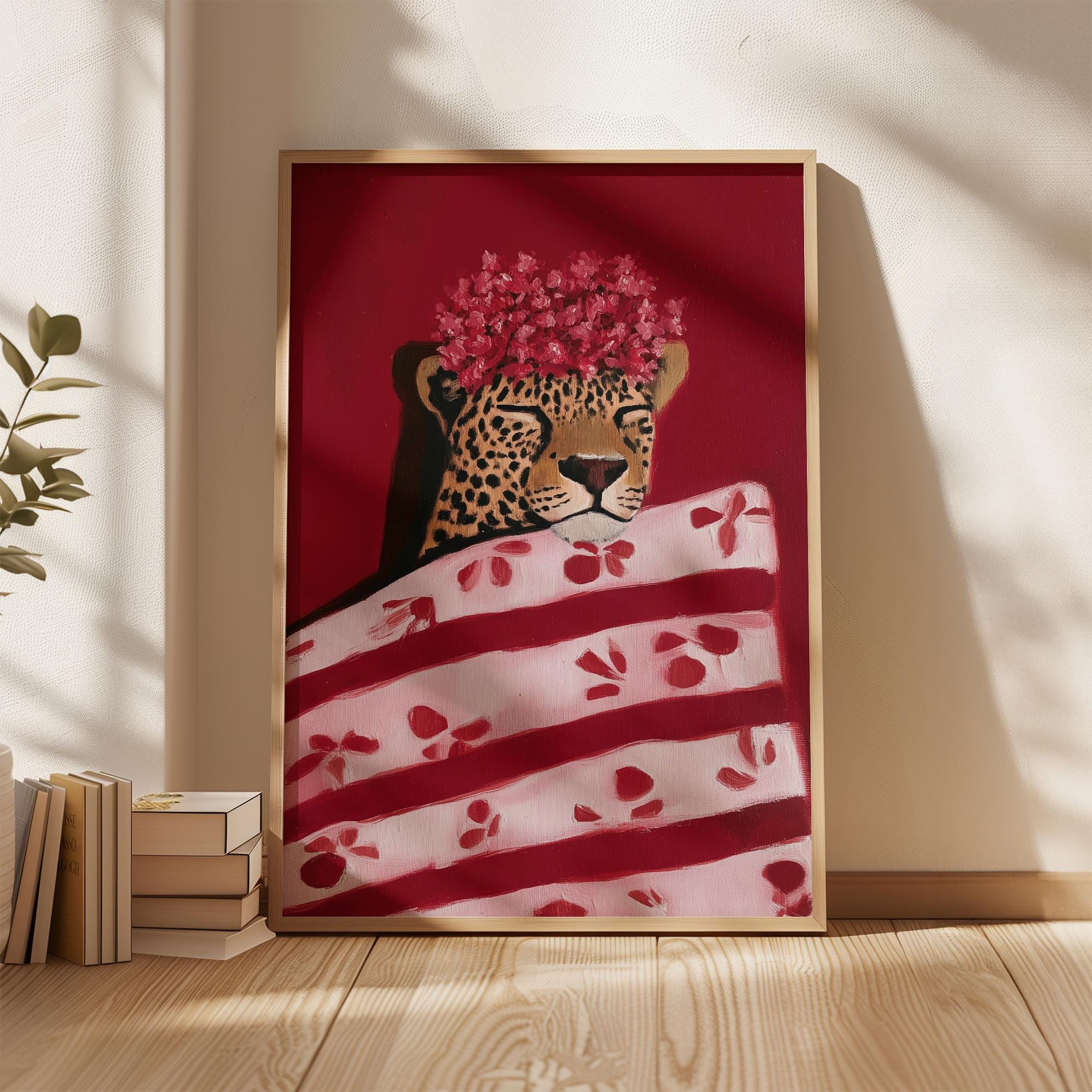 Leopard Wall Art Print, Cheetah Flower Crown Red Poster, Bold Animal ...
