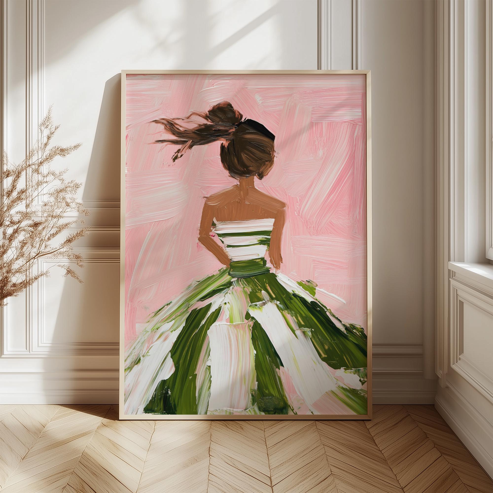 Elegant Woman Art Print, Pink and Green Dress Wall Art, Modern Painting ...