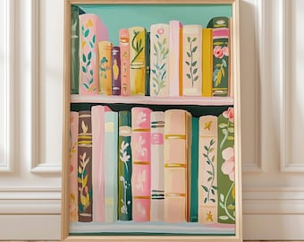 Floral Pastel Bookshelf Digital Wall Art | Cottagecore Library Decor | Colorful Vintage Book Spines Print for Cozy Home Aesthetic