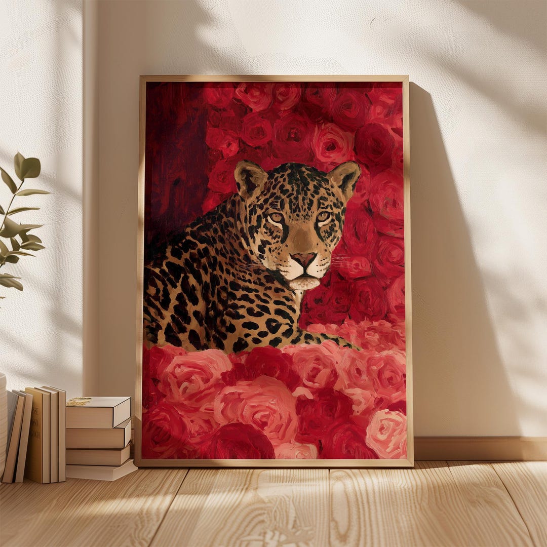 Leopard Rose Wall Art Print | Red Pink Bold Animal Floral Poster ...
