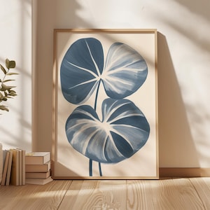 Blue Tropical Leaf Wall Art Monstera Botanical Poster Minimalist Plant Print Modern Jungle Decor Indigo Foliage Illustration Printable