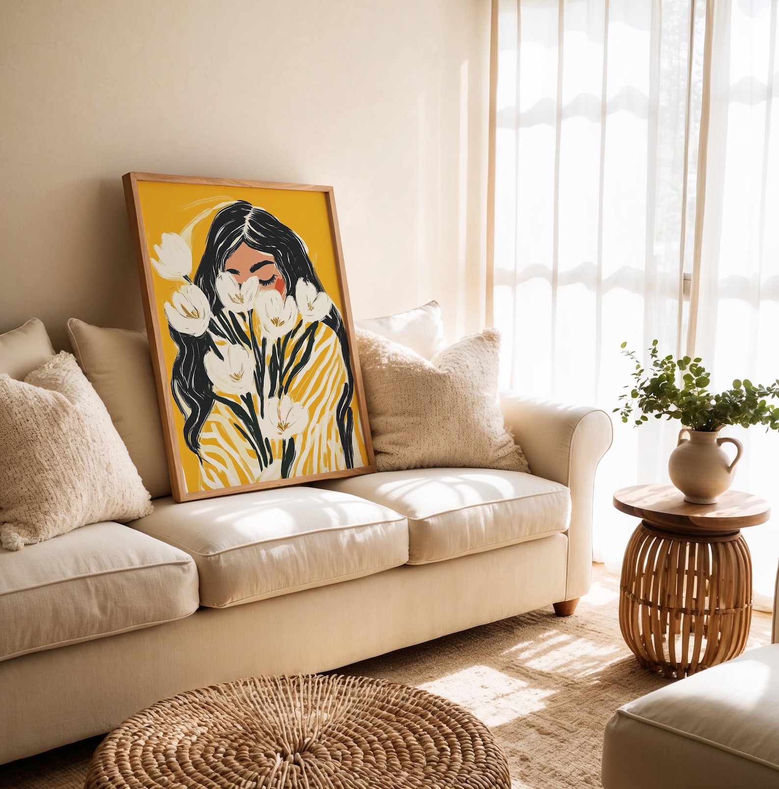 Modern Floral Woman Wall Art Print Yellow Abstract Portrait ...