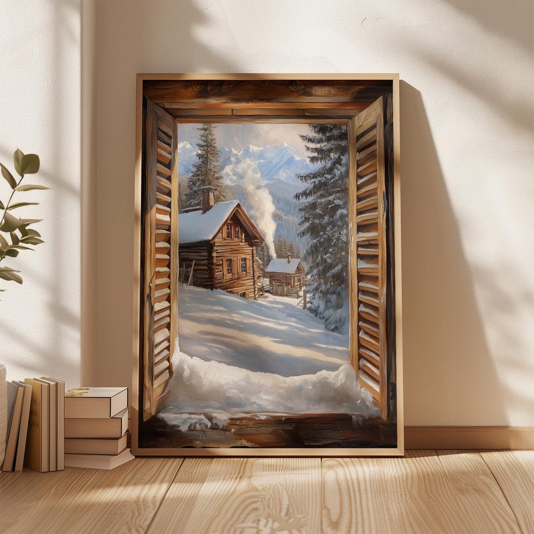 Winter Cabin Print, Snowy Mountain Wall Art, Cozy Log House Decor ...