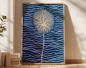 Lámina decorativa de diente de león para pared, póster botánico abstracto azul, regalo de decoración minimalista para el hogar en color azul marino.