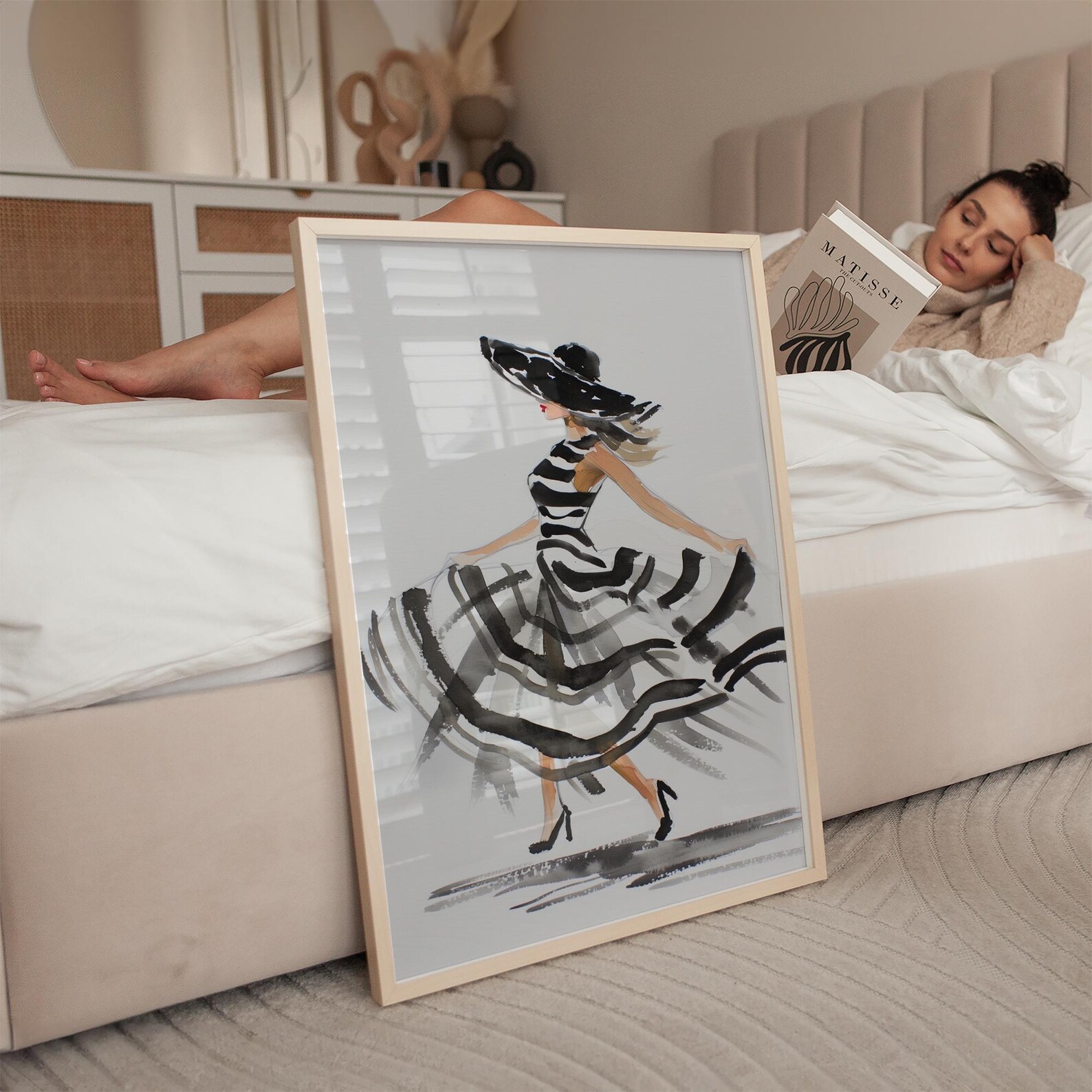 Elegant Fashion Illustration Black and White Striped Dress Modern Woman ...