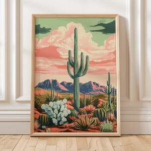 Wüste Kaktus Wand Kunst Retro Southwestern Poster Kunstdruck Rosa Grün Sonnenuntergang Landschaft Poster Natur Dekor Kaktus Illustration Boho Kunstwerk