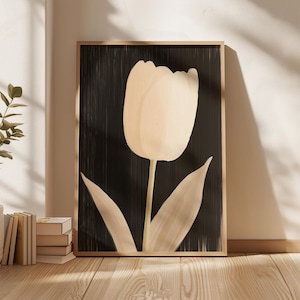 Minimalist Tulip Wall Art Neutral Flower Print Beige Botanical Illustration Modern Dark Background Poster Elegant Digital Download Decor