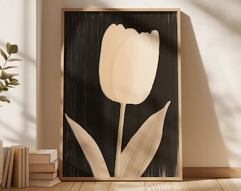 Minimalistische tulp muurkunst neutrale bloemenprint beige botanische illustratie moderne donkere achtergrond poster elegante digitale download decor