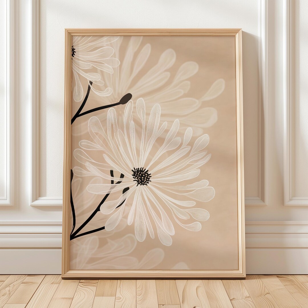 Beige Floral Line Art Print Minimalist Botanical Wall Decor White ...