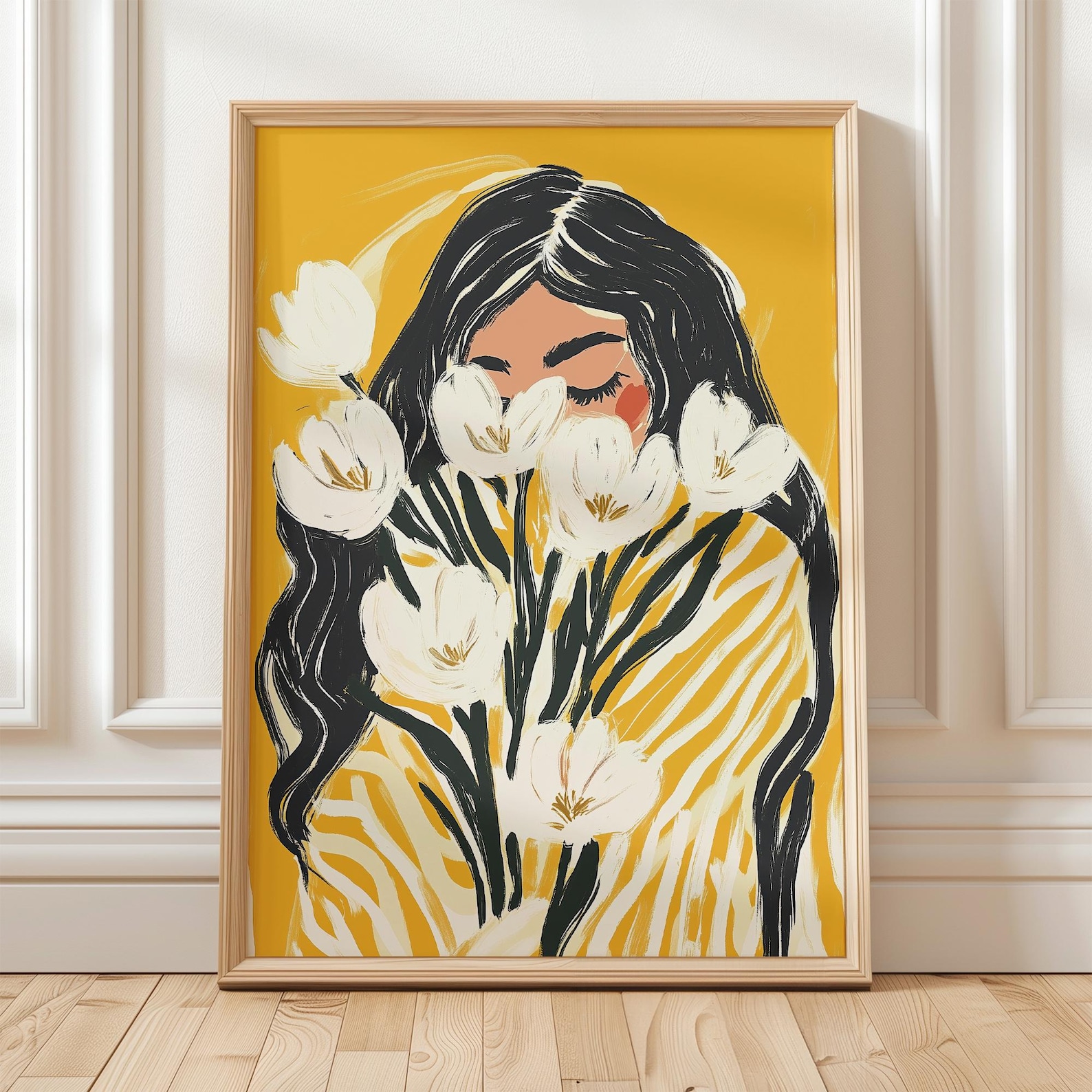 Modern Floral Woman Wall Art Print Yellow Abstract Portrait ...