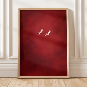 Arte de pared de grulla japonesa, impresión minimalista roja, elegante póster de pájaro, obra de arte de estilo asiático, grullas voladoras pacíficas, decoración de naturaleza zen, hogar oriental
