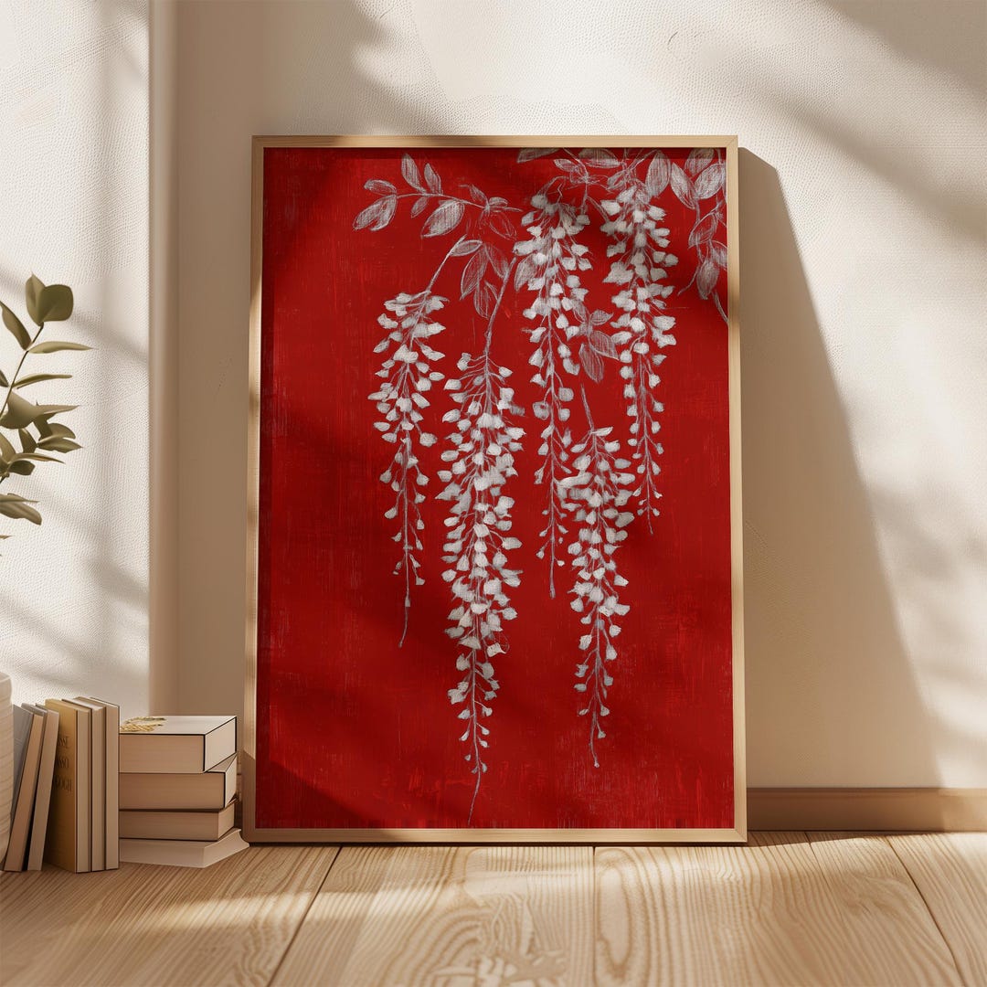 Red Floral Wall Art Botanical Print Asian Inspired Decor Minimal Flower ...