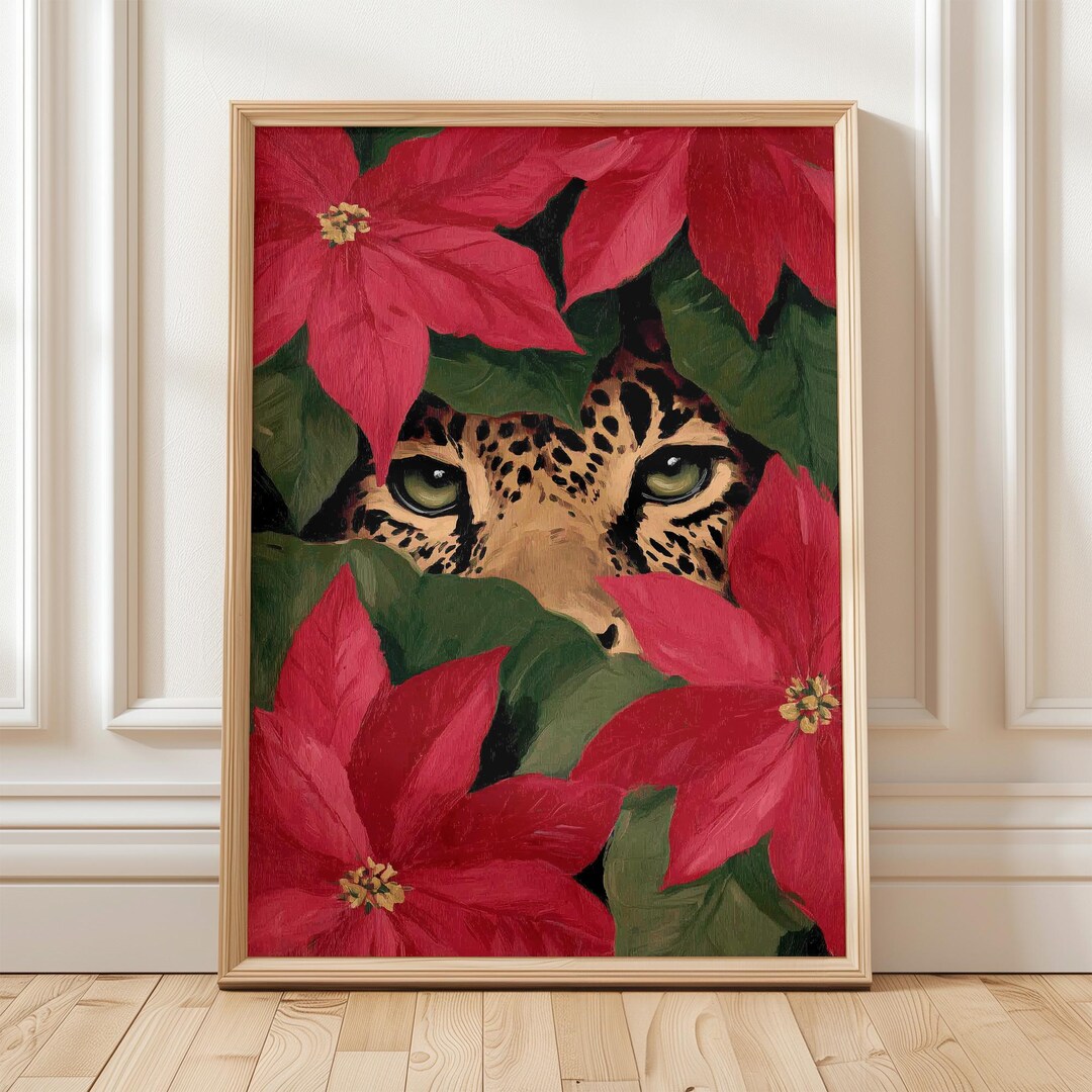 Leopard Eyes Floral Wall Art Print | Red Green Wild Cat Peering Poster ...