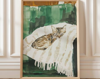 Schlafende Katze druckbare Kunst Aquarell | Gemütliche getigerte Katze Print Instant Download | Grüne erdige Katzenliebhaber Wohnkultur