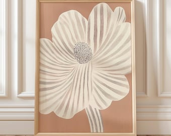 Modern Botanical Wall Art, Beige Floral Wall Art Print, Soft Peach Background with White Flower, Contemporary Print Digital Download