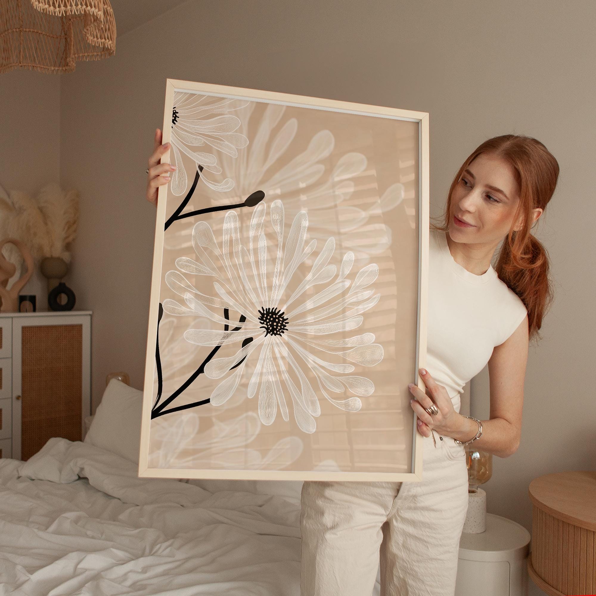 Beige Floral Line Art Print Minimalist Botanical Wall Decor White ...