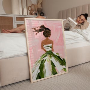 Elegant Woman Art Print, Pink and Green Dress Wall Art, Modern Painting ...