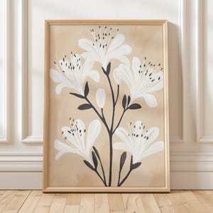 Art mural floral blanc, impression botanique beige, fleur minimaliste moderne, illustration, affiche pétale neutre, dessin au trait élégant, téléchargement numérique