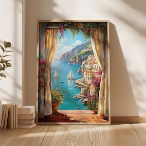 Mediterranean Coast Window View Wall Art Italy Amalfi Print Seaside Balcony Ocean Painting Nautical Landscape Digital Download Poster