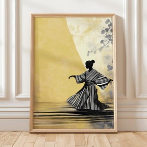 Japanische Frau Silhouette Kunst Schwarz Weiß Kimono Druck Moderne Wand Poster Zen Minimalist Asiatisch Dekor Gestreifte Robe Wasser Spiegelung