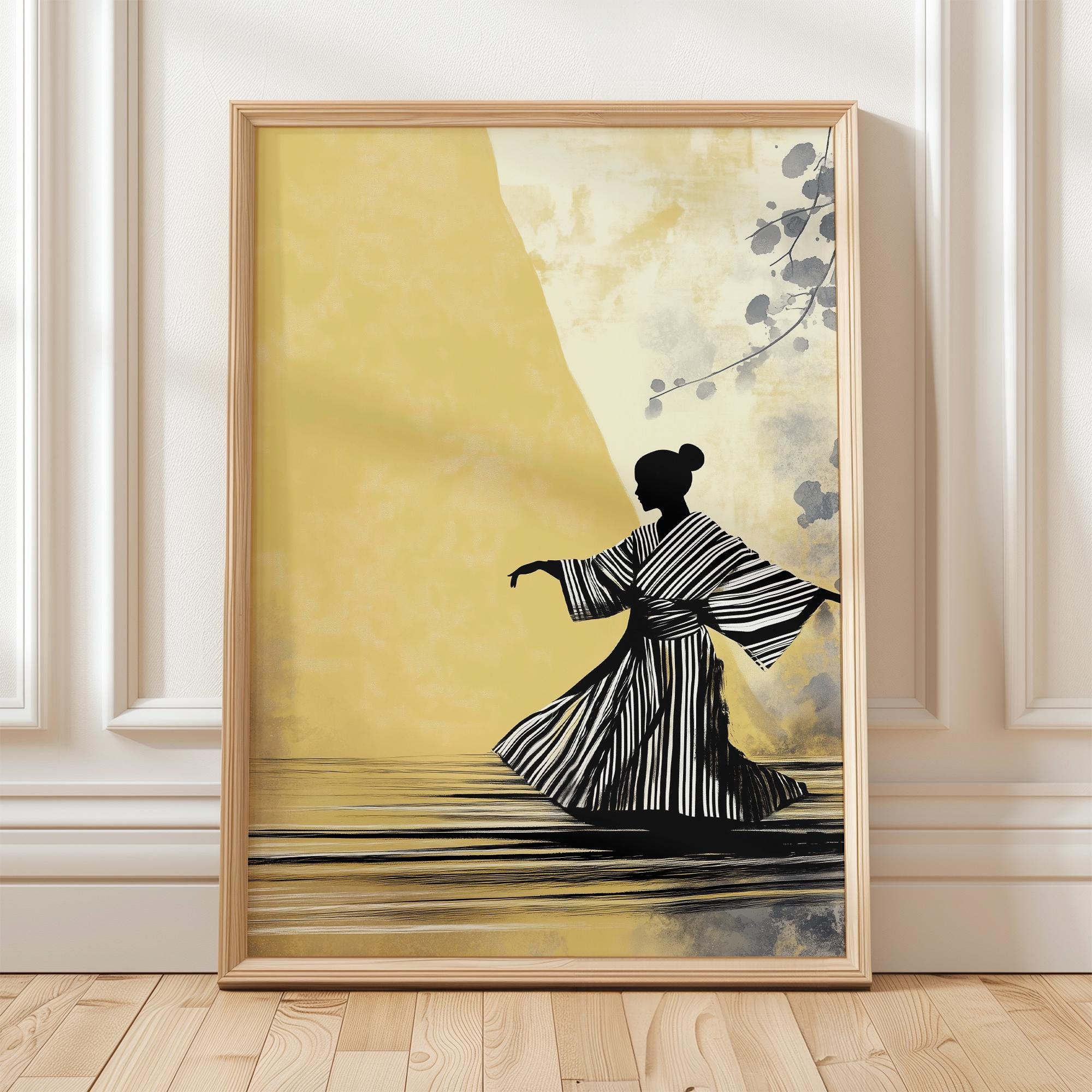 満点の Woman Japanese Silhouette Print Kimono White and Black Art 絵画