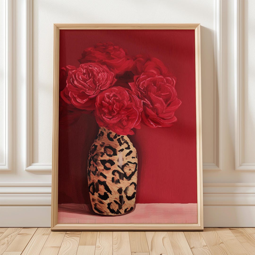 Leopard Print Vase Art Red Rose Wall Art Bold Floral Poster Digital ...