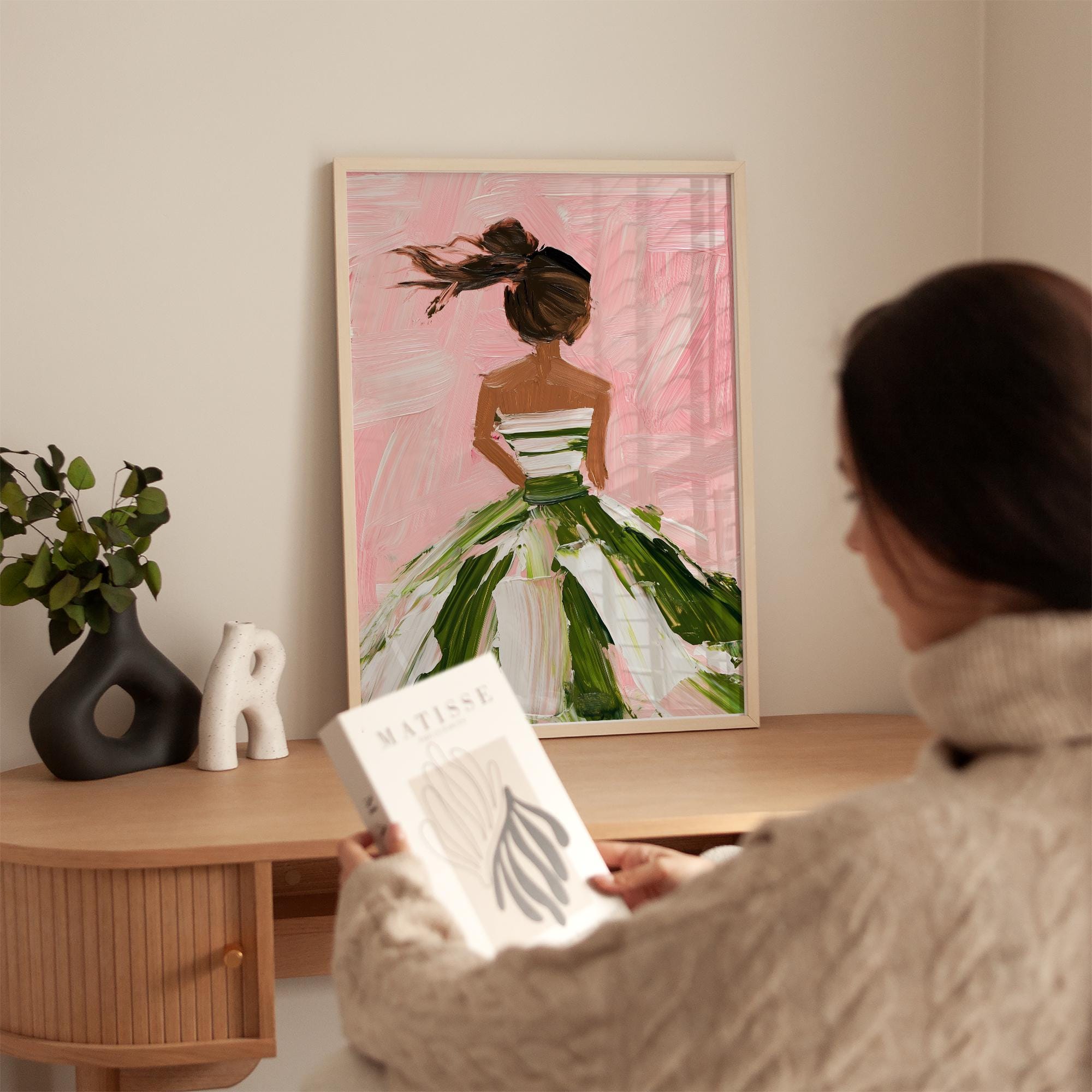 Elegant Woman Art Print, Pink and Green Dress Wall Art, Modern Painting ...