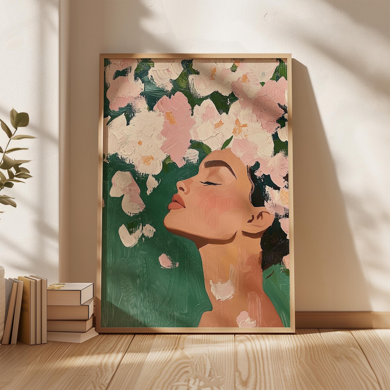 Floral Woman Portrait Wall Art, Pink Flower Hair Abstract Print ...