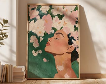 Bloemen vrouw portret kunst aan de muur, roze bloem haar abstracte print, vrouwelijk gezicht Art Print, moderne botanische kunstwerken, digitale kunst poster