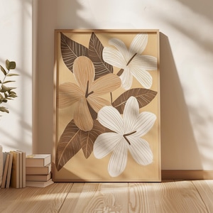 Arte de pared floral minimalista con estampado botánico beige, flores marrones y blancas, decoración natural moderna, dibujo lineal, póster de planta, descarga digital