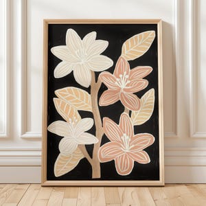 Moderne Blumen Wand Kunst Neutral Botanischen Druck Schwarzer Hintergrund Blume Poster Minimalistisch Linie Zeichnung Boho Pflanze Kunst Digital Download Druck
