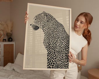 Ritratto di leopardo, arte murale minimalista, stampa moderna di gatto selvatico, motivo a pois audaci, decorazione, opera d'arte di animali neutri, download digitale, poster contemporaneo