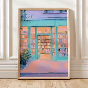May include: A painting of a bookstore with a teal green storefront and shelves full of books. The door is open and the interior is lit with warm light.