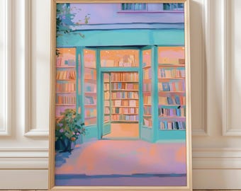 Pastell Buchladen Illustration | Digitaler Kunstdruck von Gemütlichem Bibliothek Eingang | Modernes, originelles Wohndekor für Bücherliebende