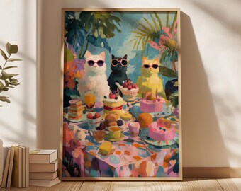Cat Wall Art Print, Funny Cats Tea Party Sunglasses Poster, Colorful Quirky Kitchen Home Decor