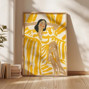 May include: A framed illustration of a woman with dark hair and closed eyes, wearing a yellow and white striped dress, sitting in a yellow and white striped chair.