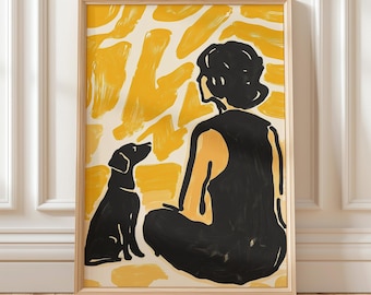Woman and Dog Printable Wall Art Yellow | Dog Lover Gift Print Instant Download | Bold Black Mustard Home Decor
