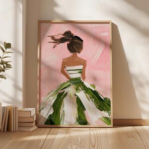 Elegant Woman Art Print, Pink and Green Dress Wall Art, Modern Painting ...