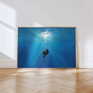 May include: A painting of a black fish swimming in a blue ocean. The fish is facing down and has a small, white bubble coming out of its mouth. The ocean is lit by a bright, white light coming from above.