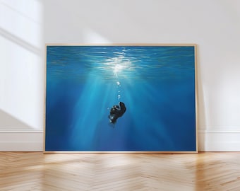 Anglerfish Wall Art Print, Dark Blue Deep Sea Aquatic Illustration, Mysterious Ocean Wall Art, Angler fish swimming to the Light, Printable