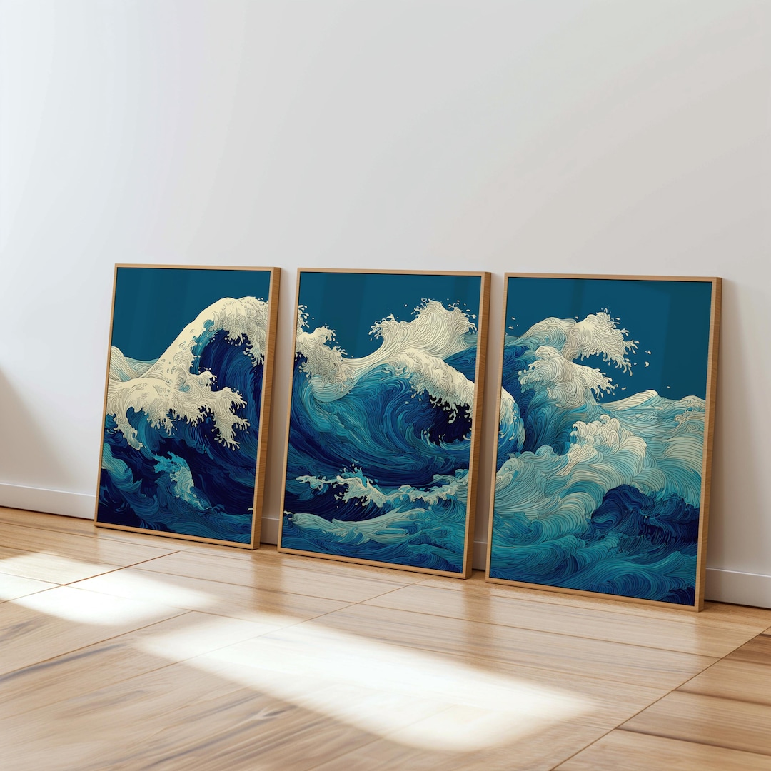 Japanese Wave Triptych Set of 3 Prints, Blue Ocean Wall Art Poster ...