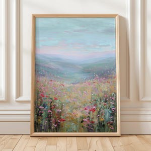 Wildflower Meadow Landscape Wall Art Romantic Abstract Field of Flowers Digital Painting Soft Pastel Floral Nature Print for Home Decor