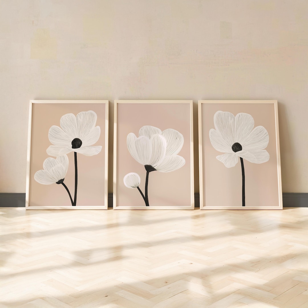 Minimalist Floral Wall Art Set of 3 Beige Botanical Line Flower Prints ...