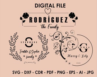 Monograma Apellido SVG: Paquete de marco floral para bodas (archivo digital)