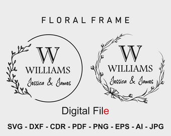 Family Name Floral Frame SVG Bundle: Wedding Charcuterie Board Design (Digital Download)