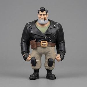 Puede incluir: Una figura estilizada de un personaje musculoso con peinado pompadour oscuro, barba gris y un cigarro en la boca. La figura viste una chaqueta de cuero negro con tachuelas plateadas, una camiseta verde claro, pantalones cargo beige y botas negras.