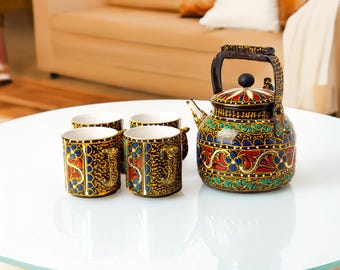 Swati Hand Painted Tea Kettle Set - 4 Floral Porcelain Cups, Unique Folk Art Gift