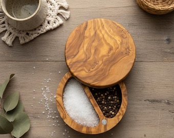 Olive Wood Spice Box Magnetic Rotating Lid - Wooden Spice Containers, Sustainable kitchen Decor